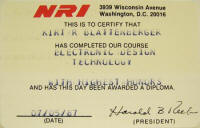 Kirt Blattenberger's National Radio Institute (NRI) Certificate - RF Cafe