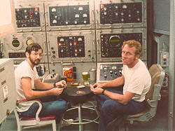 Jerry Johnson (L) and Richard Snyder (R) "working" on the  AN/SPG-55B Terrier Missile Fire Control Radar aboard the USS Gridley (DLG-21) Tonkin Gulf (circa 1972). Gary Steinhour photo. - RF Cafe