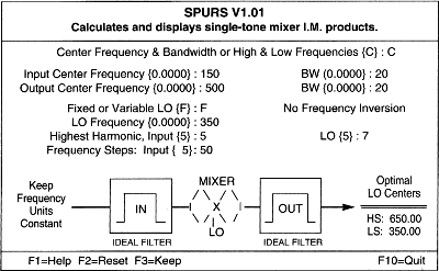 SPURS input screen. Center frequency/BW and fixed LO specifications have been made - RF Cafe