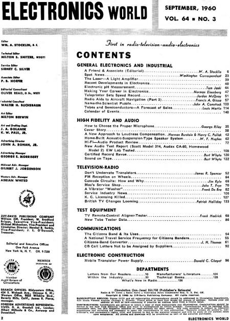 September 1960 Electronics World Table of Contents - RF Cafe