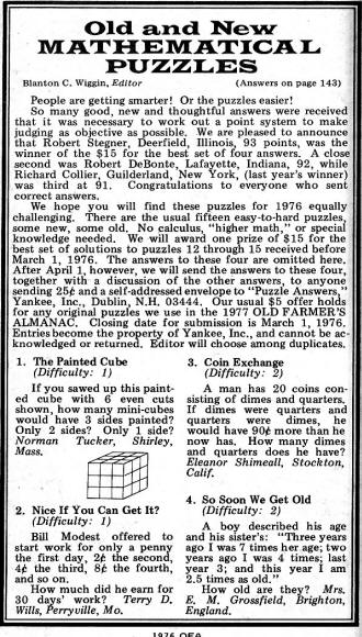 Mathematical Puzzles (page 140), 1976 Old Farmer's Almanac - RF Cafe