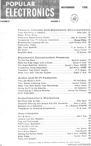 November 1958 Popular Electronics Table of Contents - RF Cafe