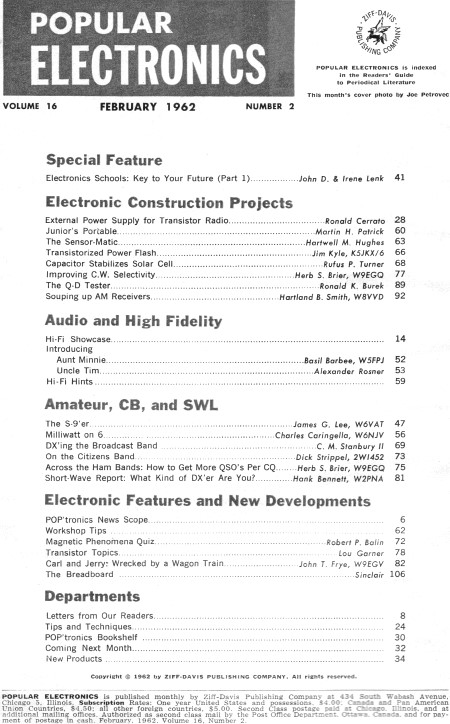 February 1962 Popular Electronics Table of Contents - RF Cafe