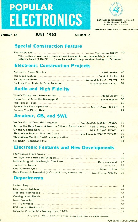 June 1962 Popular Electronics Table of Contents - RF Cafe