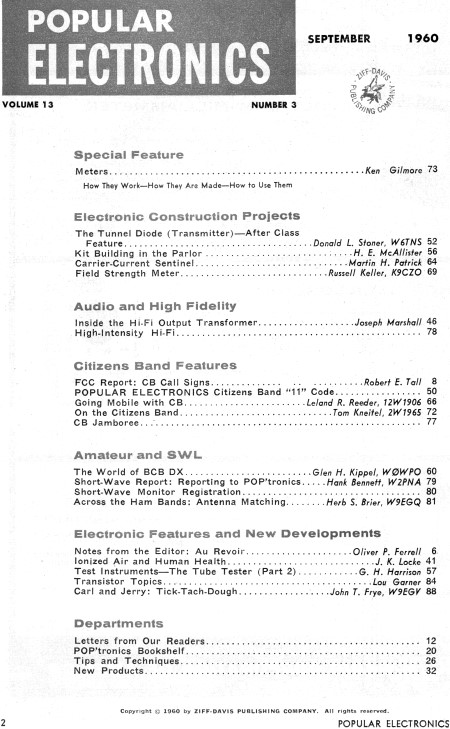 September 1960 Popular Electronics Table of Contents - RF Cafe