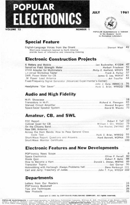 July 1961 Popular Electronics Table of Contents - RF Cafe