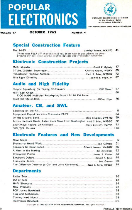 October 1962 Popular Electronics Table of Contents - RF Cafe