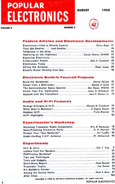 August 1958 Popular Electronics Table of Contents - RF Cafe