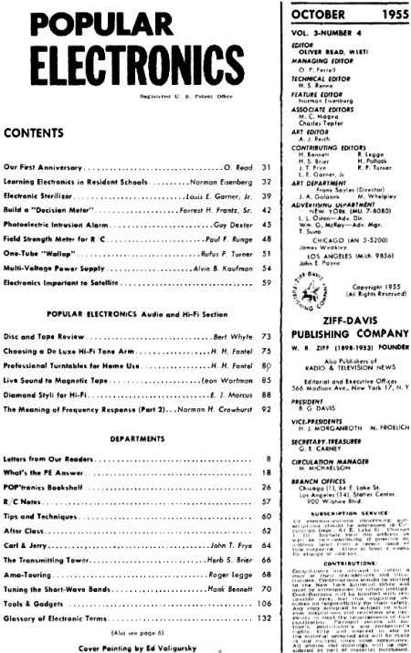 Ocrober 1955 Popular Electronics table of Contents - RF Cafe