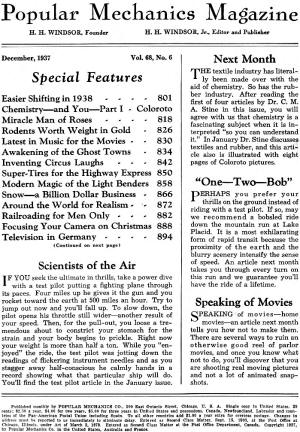 December 1937 Popular Mechanics Table of Contents (p1) - RF Cafe