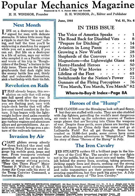 June 1944 Popular Mechanics Table of Contents (p1) - RF Cafe