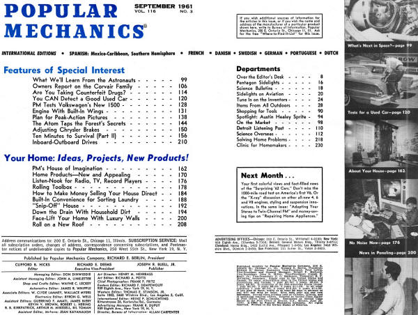 September 1961 Popular Mechanics Table of Contents - RF Cafe