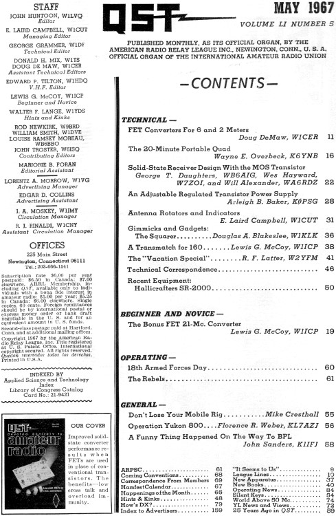 May 1967 QST Table of Contents - RF Cafe