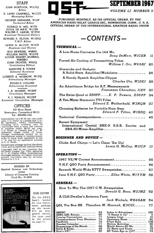 September 1967 QST Table of Contents - RF Cafe