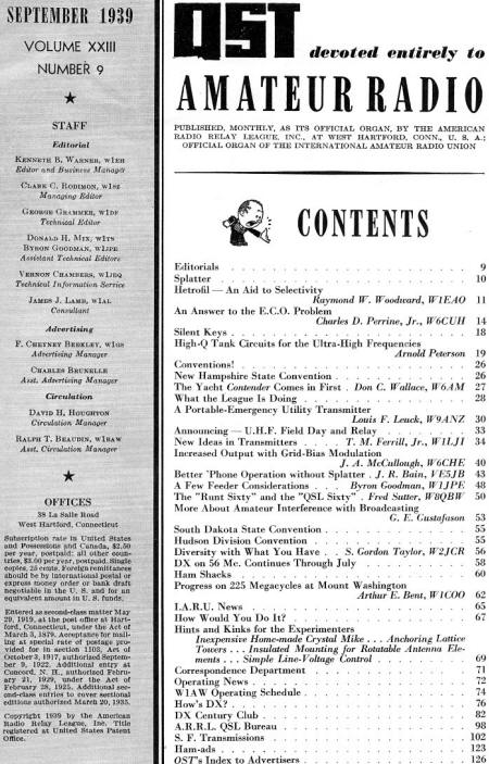 September 1939 QST Table of Contents - RF Cafe