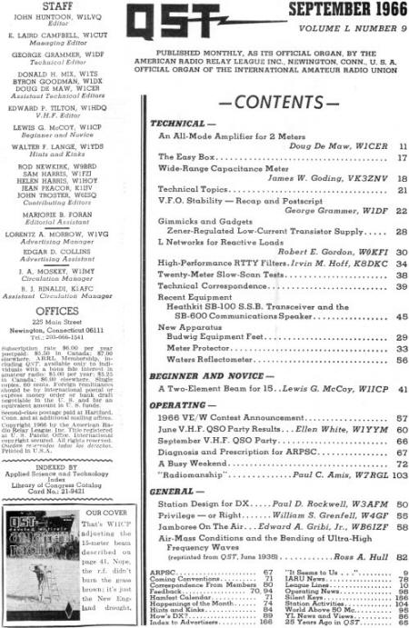 September 1966 QST Table of Contents - RF Cafe