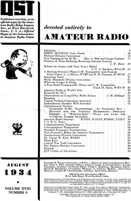August 1934 QST Table of Contents - RF Cafe