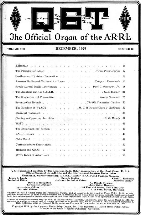 December 1929 QST Table of Contents - RF Cafe