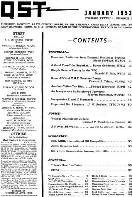 January 1953 QST Table of Contents - RF Cafe