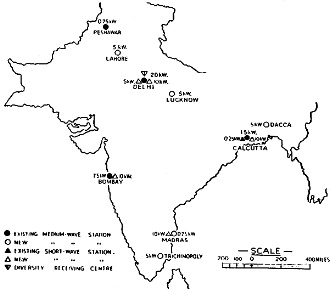 Map of India showing short-wave and medium-wave broadcasting stations - RF Cafe