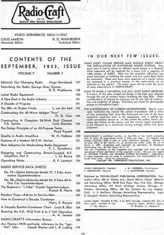 September 1933 Radio Craft Table of Contents - RF Cafe