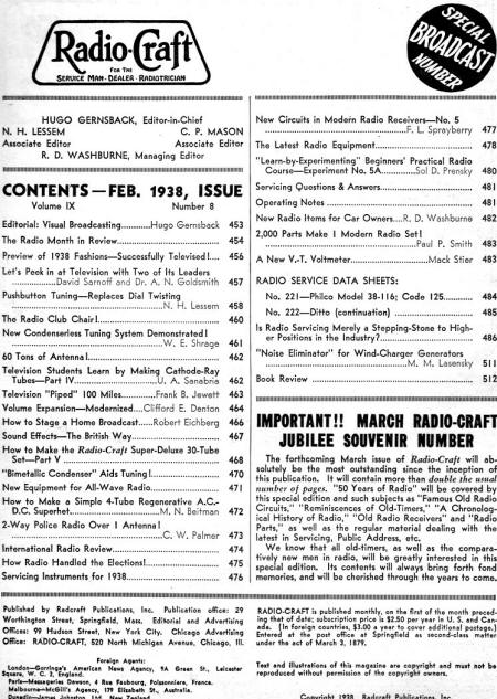 February 1938 Radio Craft Table of Contents - RF Cafe