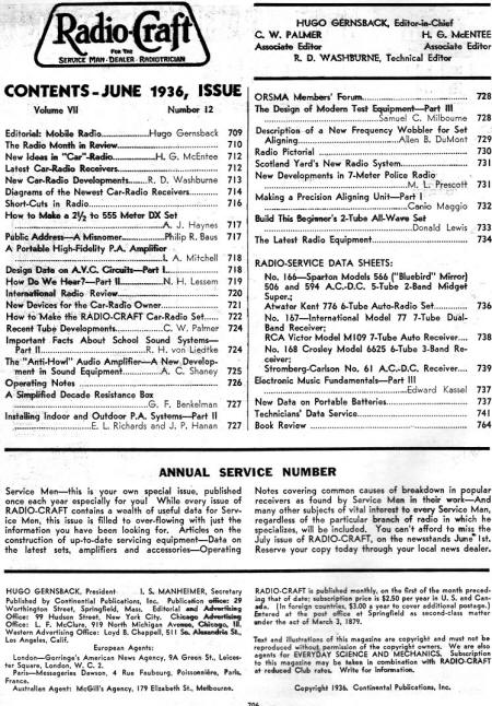 June 1936 Radio-Craft Table of Contents - RF Cafe