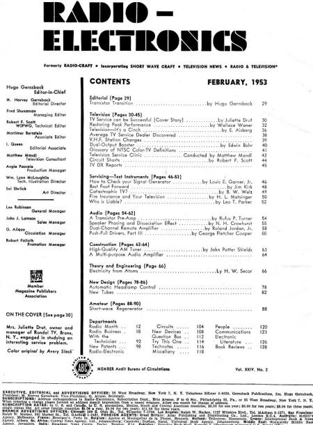 February 1953 Radio-Electronics Table of Contents - RF Cafe