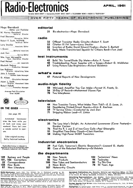April 1961 Radio-Electronics Table of Contents - RF Cafe