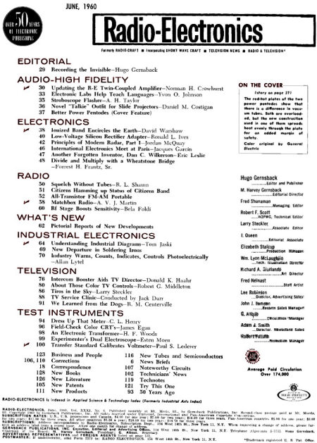 June 1960 Radio-Electronics Table of Contents - RF Cafe