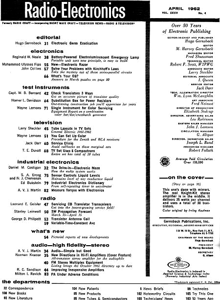 April 1962 Radio-Electronics Table of Contents - RF Cafe