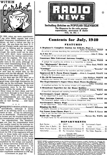July 1940 Radio News Table of Contents - RF Cafe