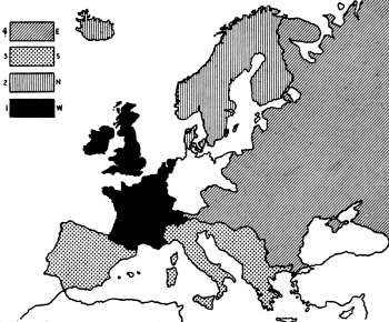 European map broken down into four distinct areas - RF Cafe