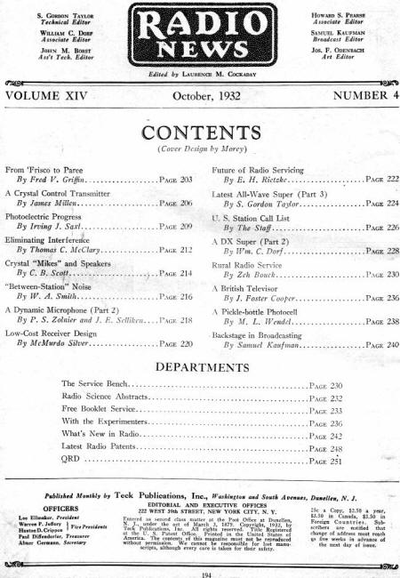 October 1932 Radio News Table of Contents - RF Cafe