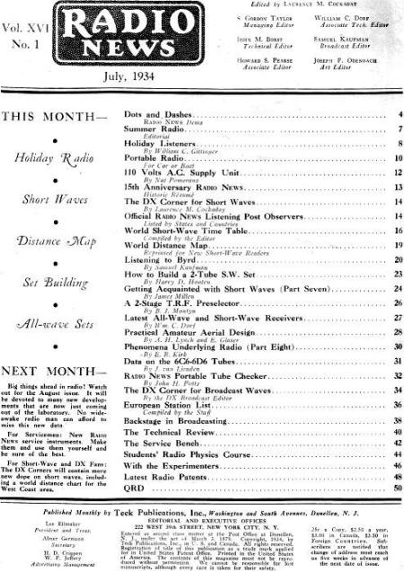 July 1934 Radio News and the Short-Wave Table of Contents - RF Cafe