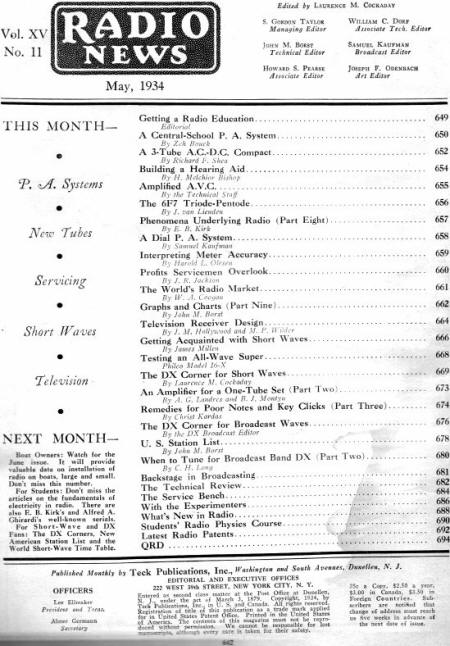 May 1934 Radio News Table of Contents - RF Cafe