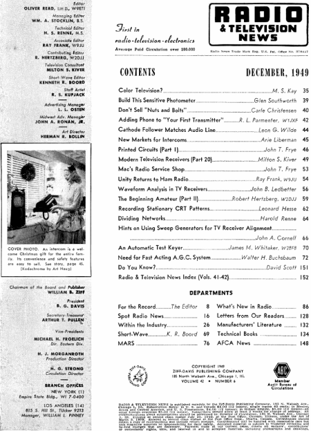 December 1949 Radio & Television News Table of Contents - RF Cafe