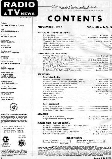November 1957 Radio & TV News Table of Contents - RF Cafe