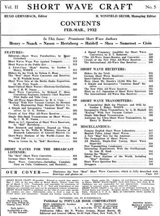 February / March 1932 Short Wave Craft Table of Contents - RF Cafe
