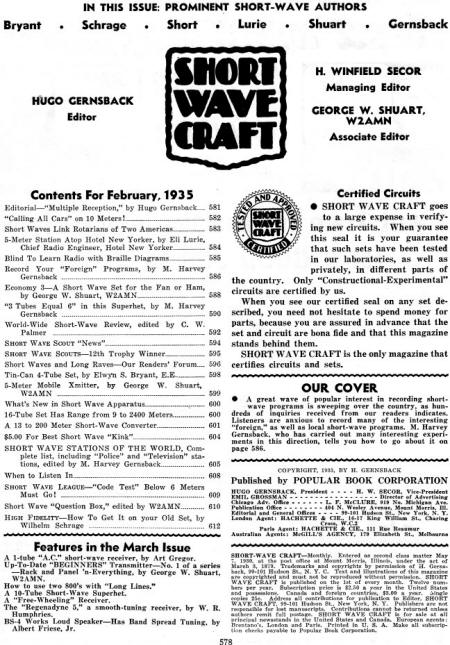 Febrary 1935 Short Wave Craft Table of Contents - RF Cafe